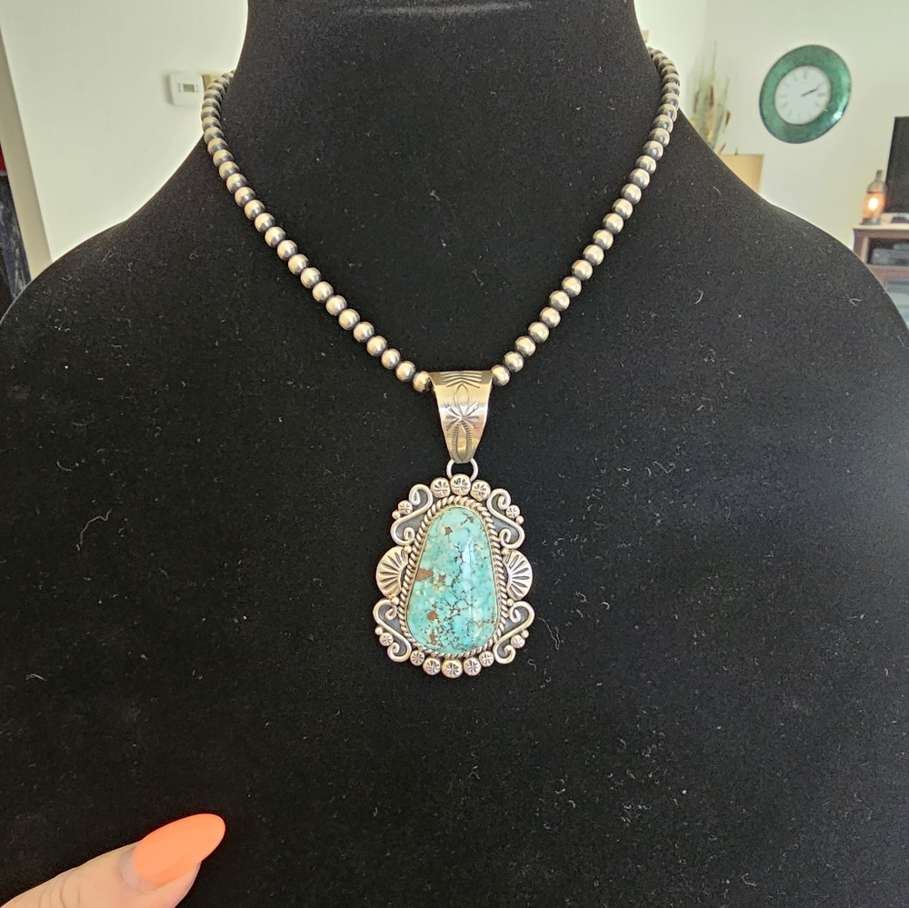 Large sterling silver spiderweb Kingman turquoise pendant